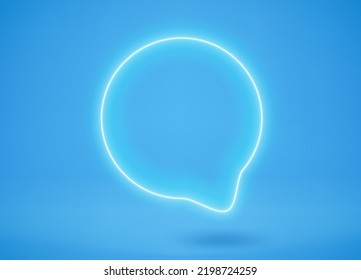 Blue neon glow speech bubble on blue background. 3d vector mockup
