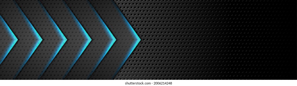 Blue neon glowing arrows on dark perforated background. Technology vector banner design