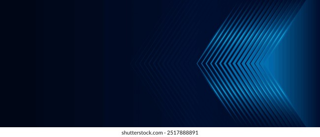 Blue neon glowing arrows on abstract dark background. Luxury reflective pattern. Futuristic laser vector graphic scene design. Modern technology horizontal pattern for cover.