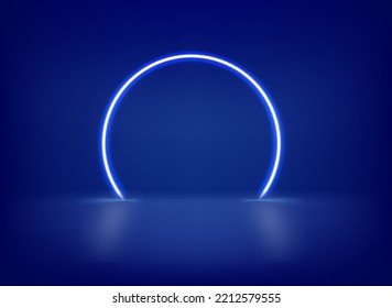 Blue neon glowing circle on dark interior. 3d vector template for design