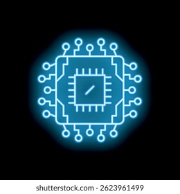 Blue neon glowing cpu microchip on a black background representing concepts like technology, computing and processing power