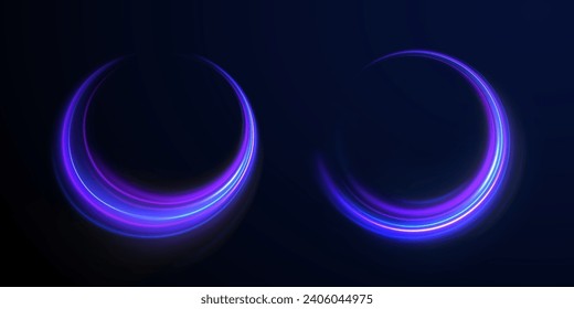 Blue neon glowing curves strewn with shine sparks. Blue neon light cosmic vector abstract. glow effect, oval, circle. Curved blue line light effect. 