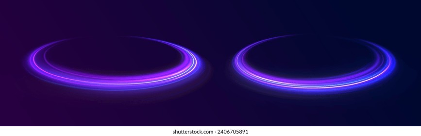 Blue neon glowing curves strewn with shine sparks. Blue neon light cosmic vector abstract. glow effect, oval, circle. Curved blue line light effect. 