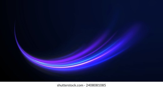 Blue neon glowing curves strewn with shine sparks. Blue neon light cosmic vector abstract. glow effect, oval, circle. Curved blue line light effect. 