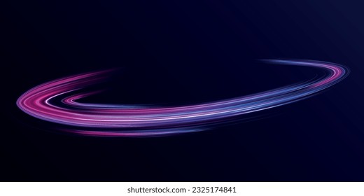 Blue neon glowing fire ring trail. Round wave line glitter bokeh with sparkling light. Vector purple light trail circle. Bokeh glitter round wave flying sparkling flares.	