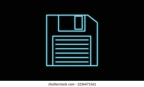 Blue neon glowing floppy disk for computer, save icon old retro hipster vintage from 70s, 80s, 90s on black background. Vector illustration