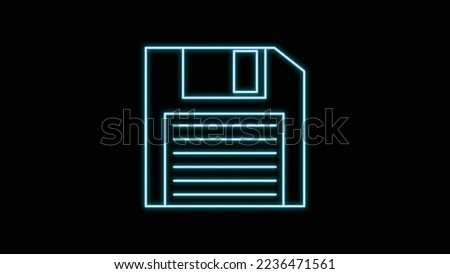 Blue neon glowing floppy disk for computer, save icon old retro hipster vintage from 70s, 80s, 90s on black background. Vector illustration