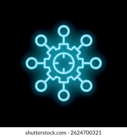 Blue neon glowing gear with connecting circles representing business network concept