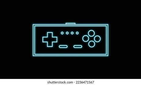 Blue neon glowing joystick with buttons for video game console old retro vintage from 70s, 80s, 90s on black background. Vector illustration
