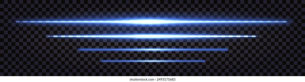 Blue neon glowing lines, light glow effect borders or dividers, laser beams luminous sticks. Isolated on transparent background. Vector illustration