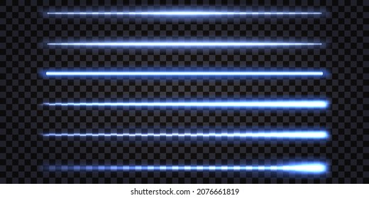 Blue neon glowing sticks, laser beams with electric light effect. Lightning thunder bolt. Set of straight shiny lines isolated on dark transparent background. Vector illustration