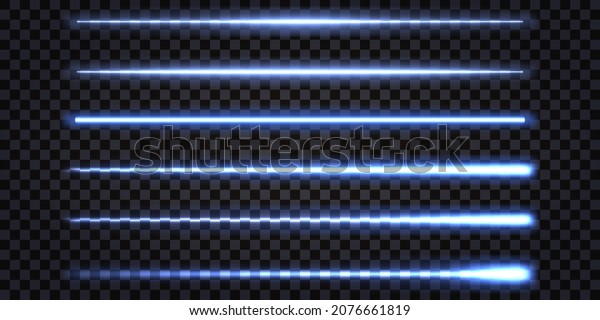 Blue\
neon glowing sticks, laser beams with electric light effect.\
Lightning thunder bolt. Set of straight shiny lines isolated on\
dark transparent background. Vector\
illustration