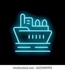 Blue neon glowing symbol of a cargo ship sailing on stylized water waves