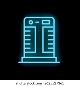 Blue neon glowing symbol of coffee machine with two filters for brewing fresh beverage in cafe on black background