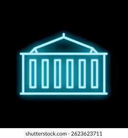 Blue neon glowing symbol of a shipping container being lifted, isolated on a black background