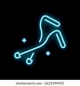 Blue neon glowing symbol of wired earphones with microphone, isolated vector illustration