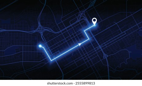 blue neon GPS road map of Birmingham with the arrow that moves to the point of destination