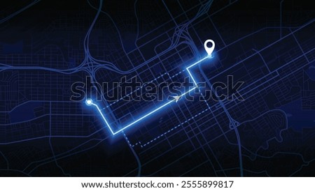 blue neon GPS road map of Birmingham with the arrow that moves to the point of destination