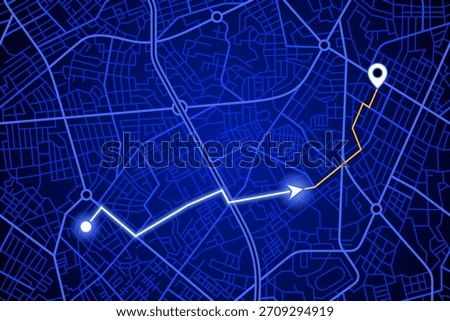 blue neon GPS road map of an imaginary city with an arrow that moves to the point of destination