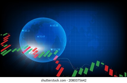 Blue neon graph candle stick graph chart world stock market investment chart stock trading bullish point bear market trend trend graph vector with world map of graph vector design.