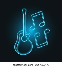 Blue neon guitar and music notes, glowing musical signs, vector illustration.
