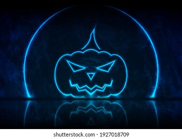 Blue neon Halloween pumpkin on grunge wall background with reflection. Vector design