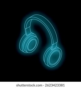 Blue neon headphones glowing on black background, concept for music, listening and audio