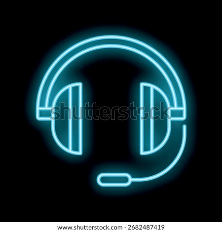 Blue neon headset glowing on black background, representing online gaming, customer service, or music listening