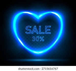Marco de neón azul en forma de corazón con la venta de texto sobre un fondo oscuro. Un elemento de diseño en forma de luces de neón para el día de San Valentín. Vector 10.