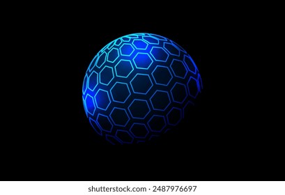 Blue neon hexagon pattern sphere. 3d halftone hemisphere concept. Grid globe futuristic element. Round shape for tech poster, banner, cover, emblem, logo, leaflet. Vector illustration