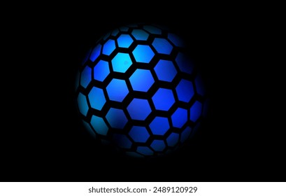 Blue neon hexagon pattern sphere. 3d halftone hemisphere concept. Grid globe futuristic element. Round shape for tech poster, banner, cover, emblem, booklet, leaflet. Vector illustration