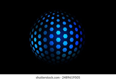 Blue neon hexagon pattern sphere. 3d halftone hemisphere concept. Glowing globe futuristic element. Round shape for tech poster, banner, cover, emblem, booklet, leaflet. Vector illustration