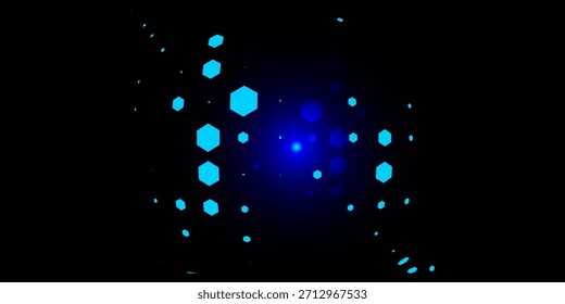 Blue neon hexagon pattern sphere. 3d halftone hemisphere concept. Glowing globe futuristic element. Round shape for tech poster, banner, cover, emblem, booklet, leaflet. Vector illustration