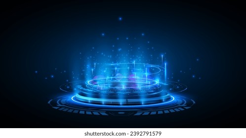 Blue, neon hologram portal. Magic fantasy portal. Magic circle teleport podium with hologram effect. Futuristic teleport podiums, healing aura for game interface, vector illustration