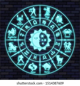 Blue neon horoscope circle.Circle with signs of zodiac.Vector illustration
