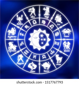 Blue neon horoscope circle.Circle with signs of zodiac.Vector illustration