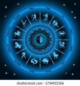 Blue neon horoscope circle.Circle with signs of zodiac.Vector illustration