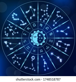 Blue neon horoscope circle.Circle with signs of zodiac.Vector illustration