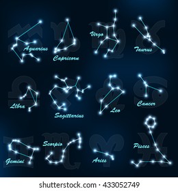 Horóscopo azul de neón con signos de zodiaco.Horóscopo set, Leo, Virgo, Scorpio, Libra, Aquarius, Sagarius, Pisces, Capricornio, Tauro, Aries, Gemini, Cancer.Vector ilustración