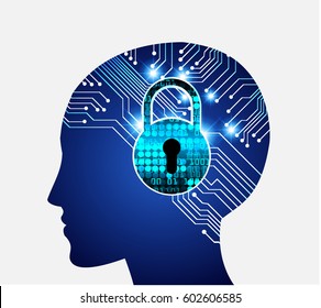 Blue Neon human head. CPU. blue Circuit board. Vector illustration. Abstract Technology background for computer graphic website internet and business. key