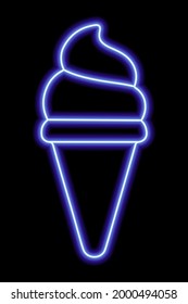 Blue neon ice cream silhouette in waffle cone on a black background. Vector illustration