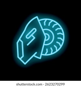 Blue neon icon of an angle grinder with rotating disc, a powerful cutting tool used in construction and metalworking