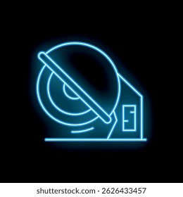 Blue neon icon of an angle grinder cutting tool glowing on a black background