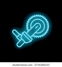 Blue neon icon of an angle grinder with rotating circular saw blade on a black background