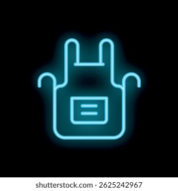 Blue neon icon of an apron glowing on a black background