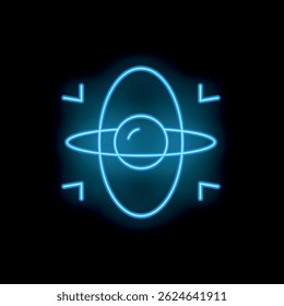 Blue neon icon of an atom model orbiting on a black background