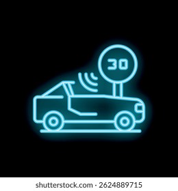 Blue neon icon of autonomous car detecting speed limit on black background