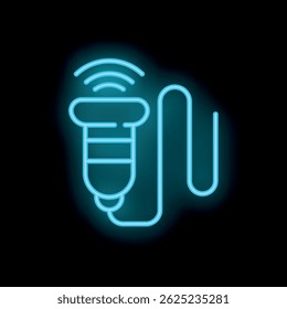 Icono de neón azul de un escáner de código de barras que emite una señal wifi en un fondo negro