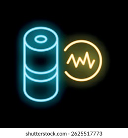 Blue neon icon of a battery with a yellow signal representing current flow, isolated on a black background