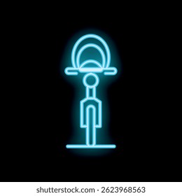 Blue neon icon of a bicycle glowing on a black background